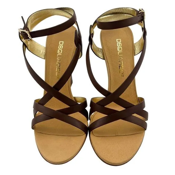 New DSQUARED2 Women US 8 Brown Shoes Leather Heels Ankle Strap Pump Sandals