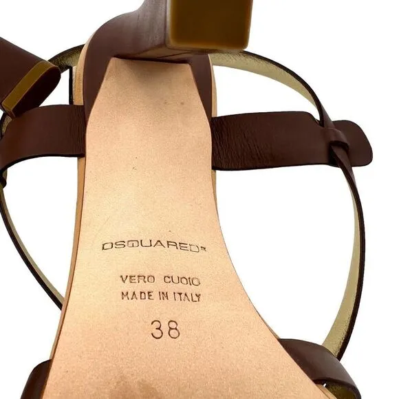 New DSQUARED2 Women US 8 Brown Shoes Leather Heels Ankle Strap Pump Sandals