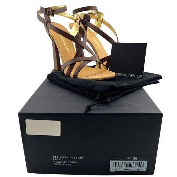 New DSQUARED2 Women US 8 Brown Shoes Leather Heels Ankle Strap Pump Sandals