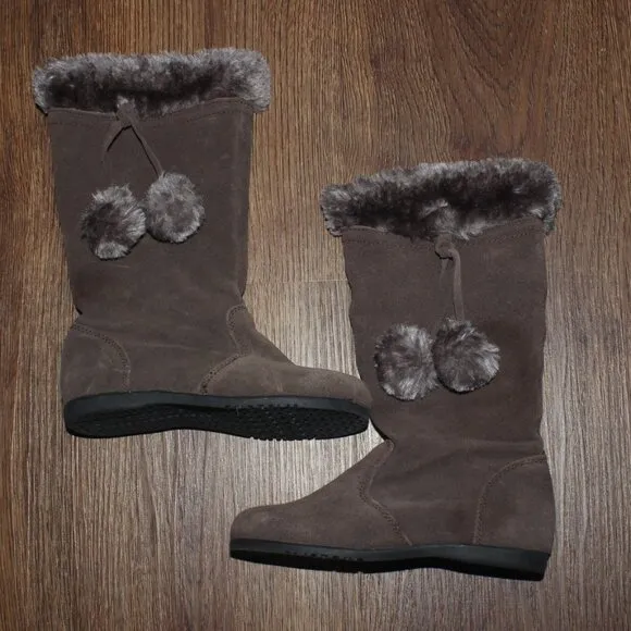 New Girls Momogrow Dark Brown Suede Leather Boots with Faux Fur Balls Toddler 11