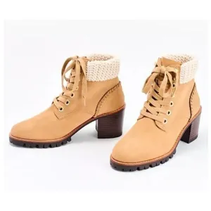 New Jack Rogers Harper Suede Lace Up‎ Hiker Knit Block Heel Boots Wheat Size 11M