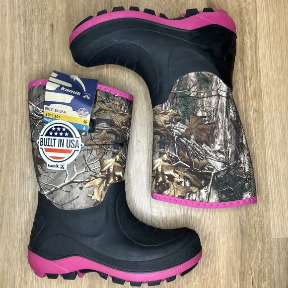 *NEW* KAMIK Girls Sz 1 Boots Bluster 2 Kids Youth Pink Camo Waterproof Insulated