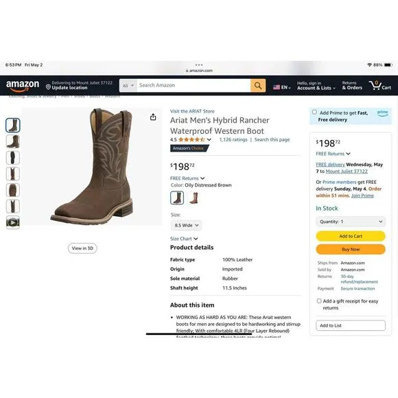 New! Mens Ariat Hybrid Rancher Waterproof Western Boots. Size 13D. Awesome Boots