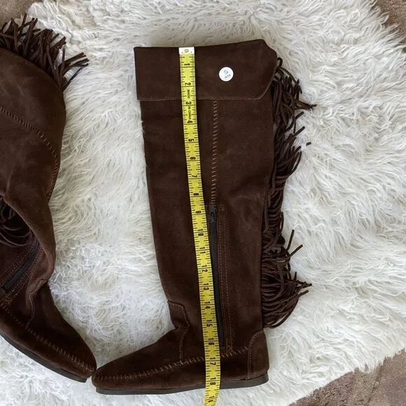 New Minnetonka Tall Leather Suede Brown Fringe Tall Moccasin Boots Size 5