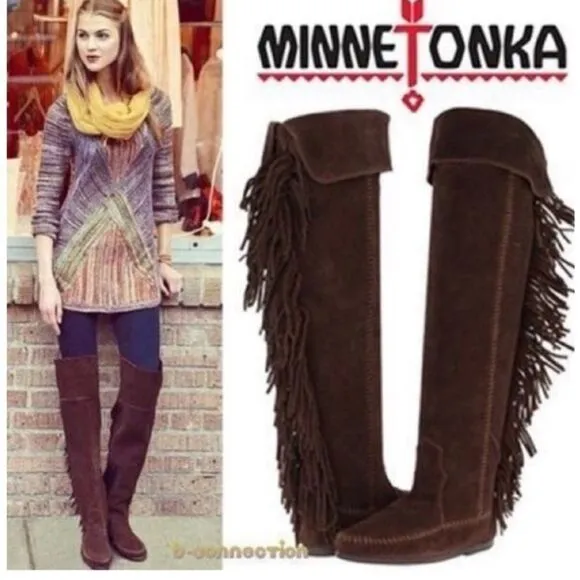 New Minnetonka Tall Leather Suede Brown Fringe Tall Moccasin Boots Size 5