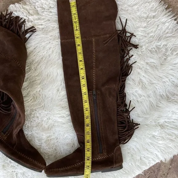 New Minnetonka Tall Leather Suede Brown Fringe Tall Moccasin Boots Size 5