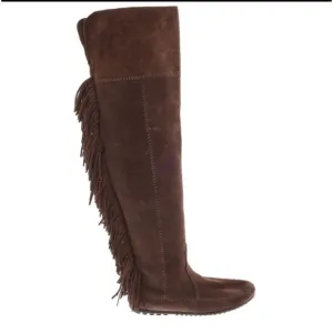 New Minnetonka Tall Leather Suede Brown Fringe Tall Moccasin Boots Size 5