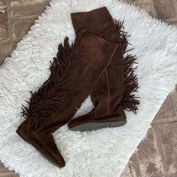 New Minnetonka Tall Leather Suede Brown Fringe Tall Moccasin Boots Size 5