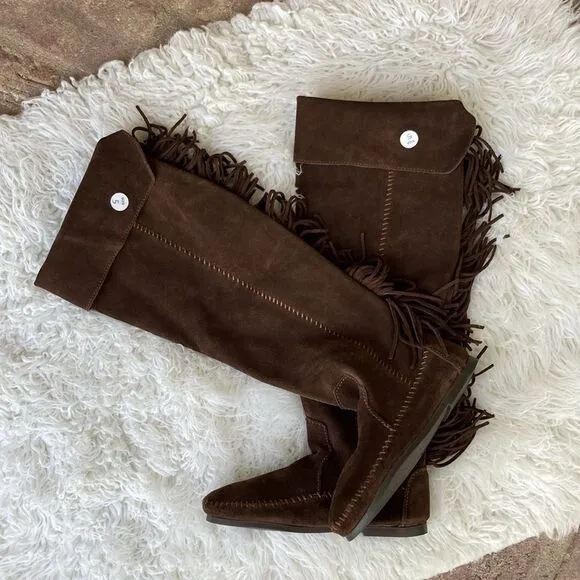 New Minnetonka Tall Leather Suede Brown Fringe Tall Moccasin Boots Size 5