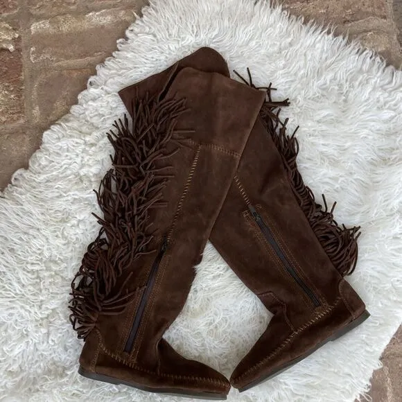 New Minnetonka Tall Leather Suede Brown Fringe Tall Moccasin Boots Size 5