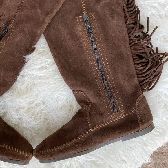New Minnetonka Tall Leather Suede Brown Fringe Tall Moccasin Boots Size 5