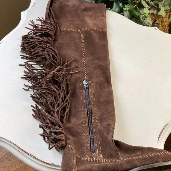 New Minnetonka Tall Leather Suede Brown Fringe Tall Moccasin Boots Size 5