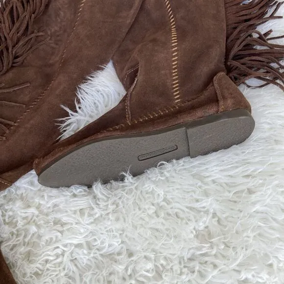 New Minnetonka Tall Leather Suede Brown Fringe Tall Moccasin Boots Size 5