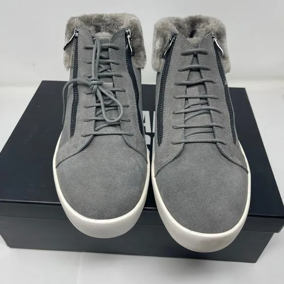 New RUSSELL PARK Oliver Faux Fur-Trim Suede Sneakers in Grey size 11