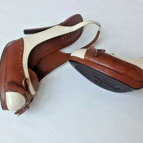 new Size 8.5 Narrow COGNAC &amp; CREAM Ralph Lauren KALIDA Spectator Slingback Shoes