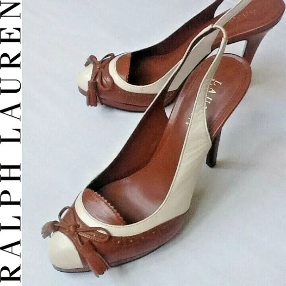new Size 8.5 Narrow COGNAC &amp; CREAM Ralph Lauren KALIDA Spectator Slingback Shoes
