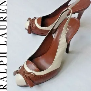 new Size 8.5 Narrow COGNAC &amp; CREAM Ralph Lauren KALIDA Spectator Slingback Shoes
