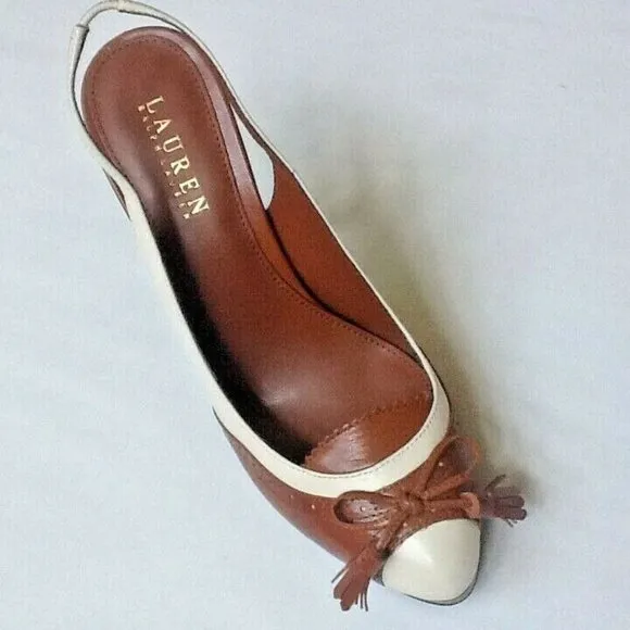 new Size 8.5 Narrow COGNAC &amp; CREAM Ralph Lauren KALIDA Spectator Slingback Shoes