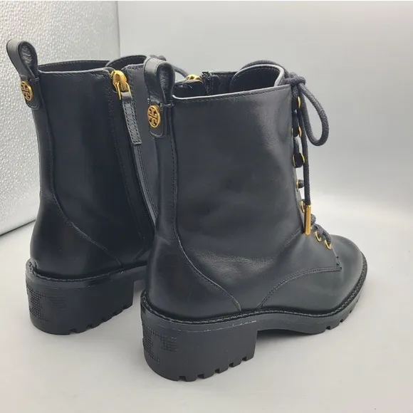 NEW! Tory Burch Combat Lug Sole Boots Zipper Lace Up Black Leather Logo US 8.5