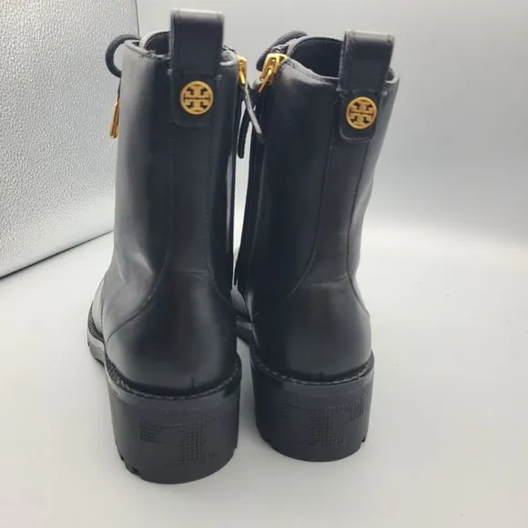 NEW! Tory Burch Combat Lug Sole Boots Zipper Lace Up Black Leather Logo US 8.5