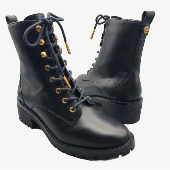 NEW! Tory Burch Combat Lug Sole Boots Zipper Lace Up Black Leather Logo US 8.5