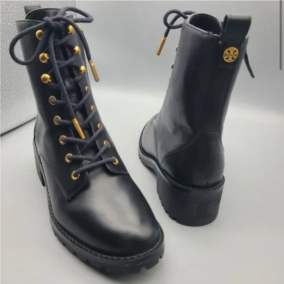 NEW! Tory Burch Combat Lug Sole Boots Zipper Lace Up Black Leather Logo US 8.5