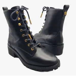 NEW! Tory Burch Combat Lug Sole Boots Zipper Lace Up Black Leather Logo US 8.5