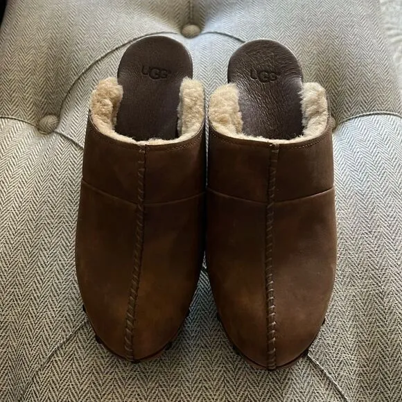 New Ugg Australia Kassi Shearling Cliff Slip On Sz 7 Chocolate Leather Shoes