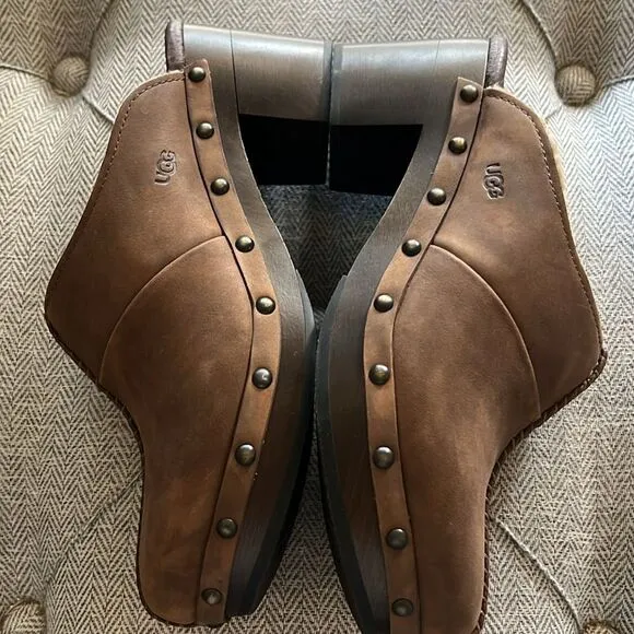 New Ugg Australia Kassi Shearling Cliff Slip On Sz 7 Chocolate Leather Shoes