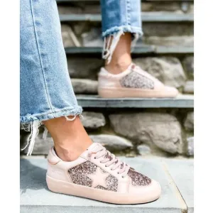 NEW Vintage Havana Womens Alexis 1 Glitter Leather Sneakers Blush Pink-Beige 7.5