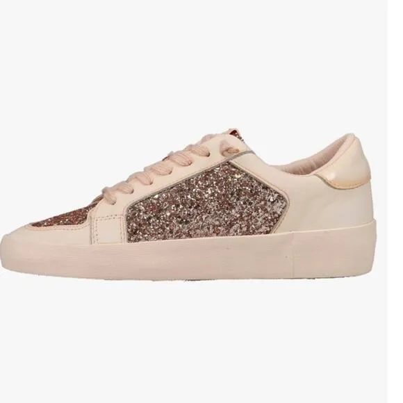 NEW Vintage Havana Womens Alexis 1 Glitter Leather Sneakers Blush Pink-Beige 7.5