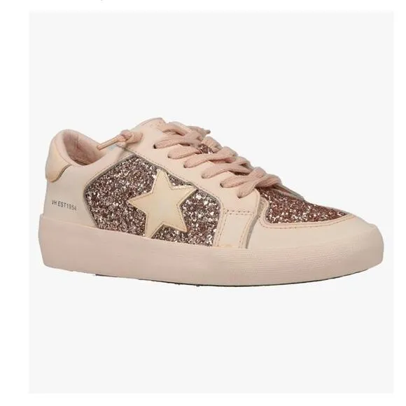 NEW Vintage Havana Womens Alexis 1 Glitter Leather Sneakers Blush Pink-Beige 7.5