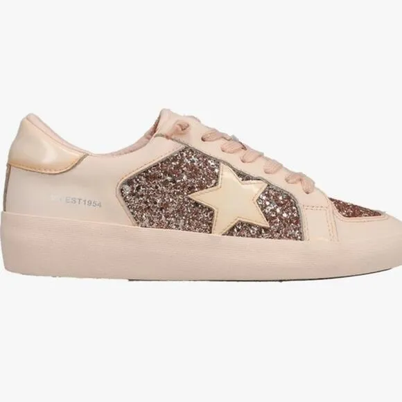 NEW Vintage Havana Womens Alexis 1 Glitter Leather Sneakers Blush Pink-Beige 7.5