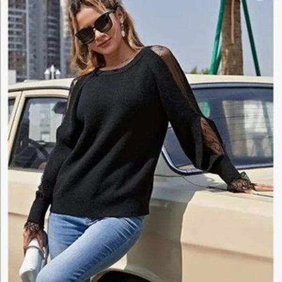 New Cold Shoulder Lace Patchwork Pullover Top