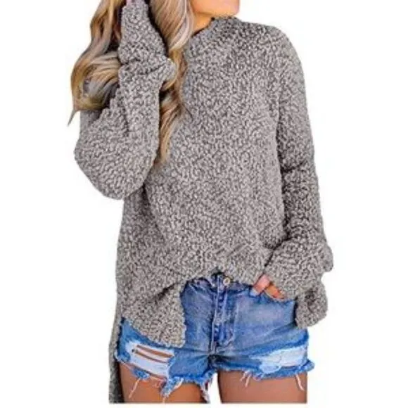New Fuzzy Knitted Sherpa Side Slit Top