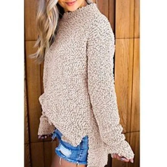New Fuzzy Knitted Sherpa Side Slit Top