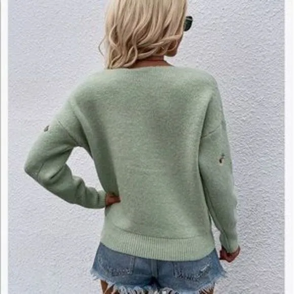 New White V Neck Embroidered Ribbed Knit Pullover Sweater