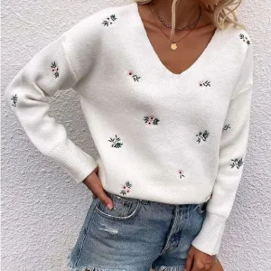 New White V Neck Embroidered Ribbed Knit Pullover Sweater