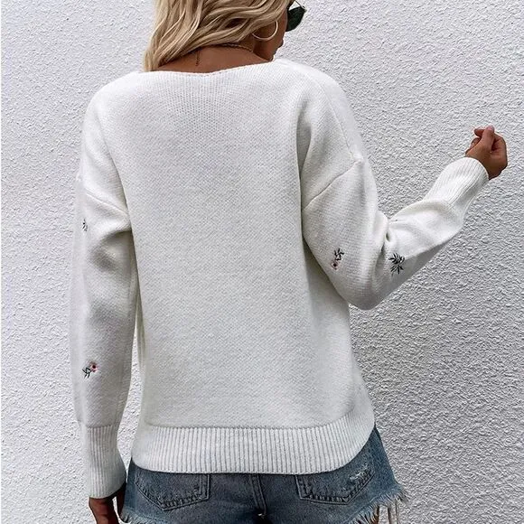 New White V Neck Embroidered Ribbed Knit Pullover Sweater