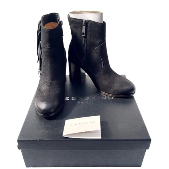 NIB Anthropologie Liebeskind Berlin Suede Fringe Nubuck Black Chunky Ankle Boot