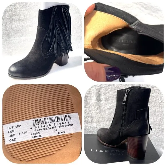 NIB Anthropologie Liebeskind Berlin Suede Fringe Nubuck Black Chunky Ankle Boot