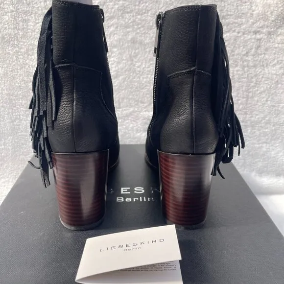 NIB Anthropologie Liebeskind Berlin Suede Fringe Nubuck Black Chunky Ankle Boot