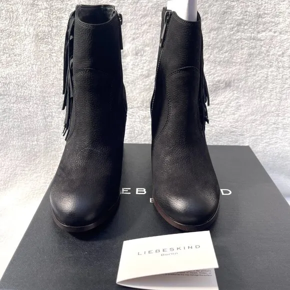 NIB Anthropologie Liebeskind Berlin Suede Fringe Nubuck Black Chunky Ankle Boot