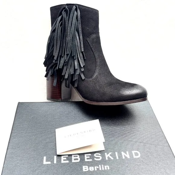 NIB Anthropologie Liebeskind Berlin Suede Fringe Nubuck Black Chunky Ankle Boot