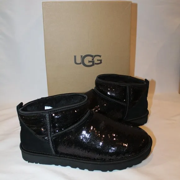 NIB UGG WOMEN'S ULTRA MINI SEQUIN METALLIC‎ BLACK BOOTS