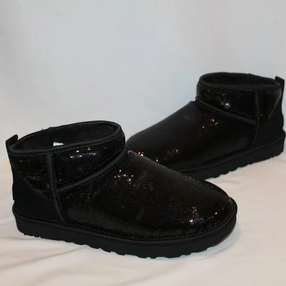 NIB UGG WOMEN'S ULTRA MINI SEQUIN METALLIC‎ BLACK BOOTS