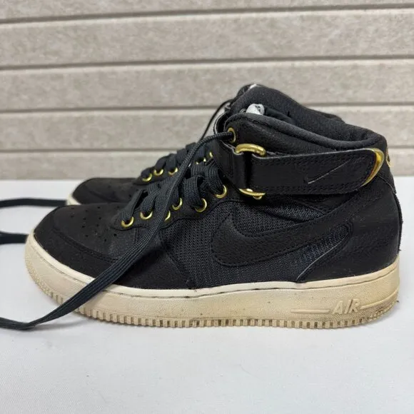 Nike Air Force 1 High Top Sneakers Black &amp; Gold Lace-Up &amp; Strap Shoes 6.5 Y