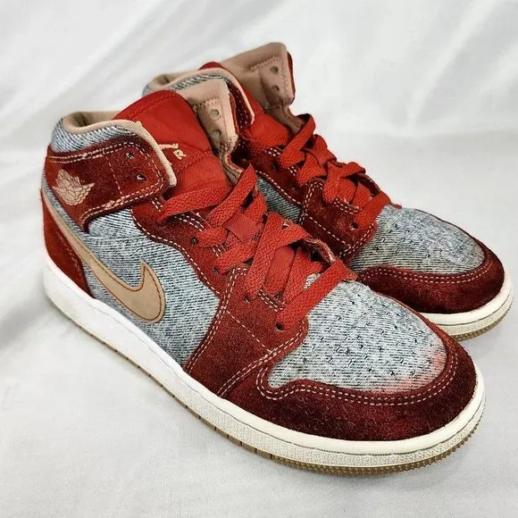 Nike Air‎ Jordan 1 Mid Denim Shoes Red Cinnabar Hemp Dm4384-600 Youth Size 4Y