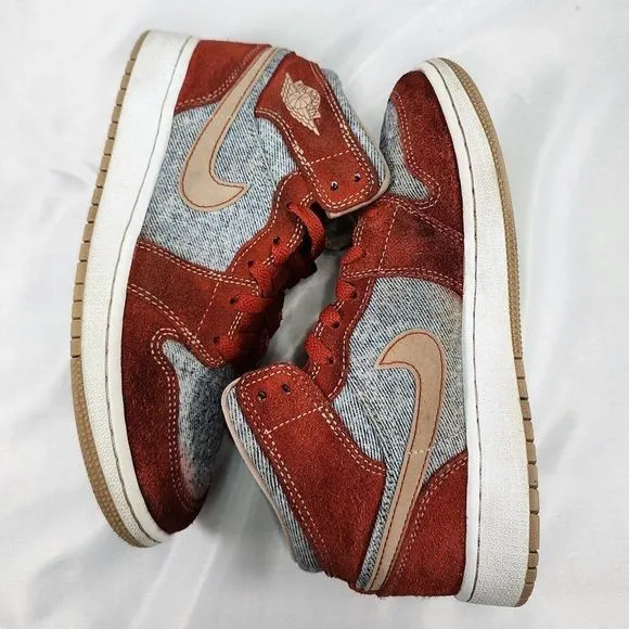 Nike Air‎ Jordan 1 Mid Denim Shoes Red Cinnabar Hemp Dm4384-600 Youth Size 4Y