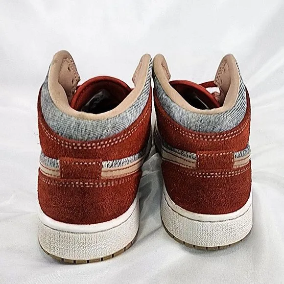 Nike Air‎ Jordan 1 Mid Denim Shoes Red Cinnabar Hemp Dm4384-600 Youth Size 4Y